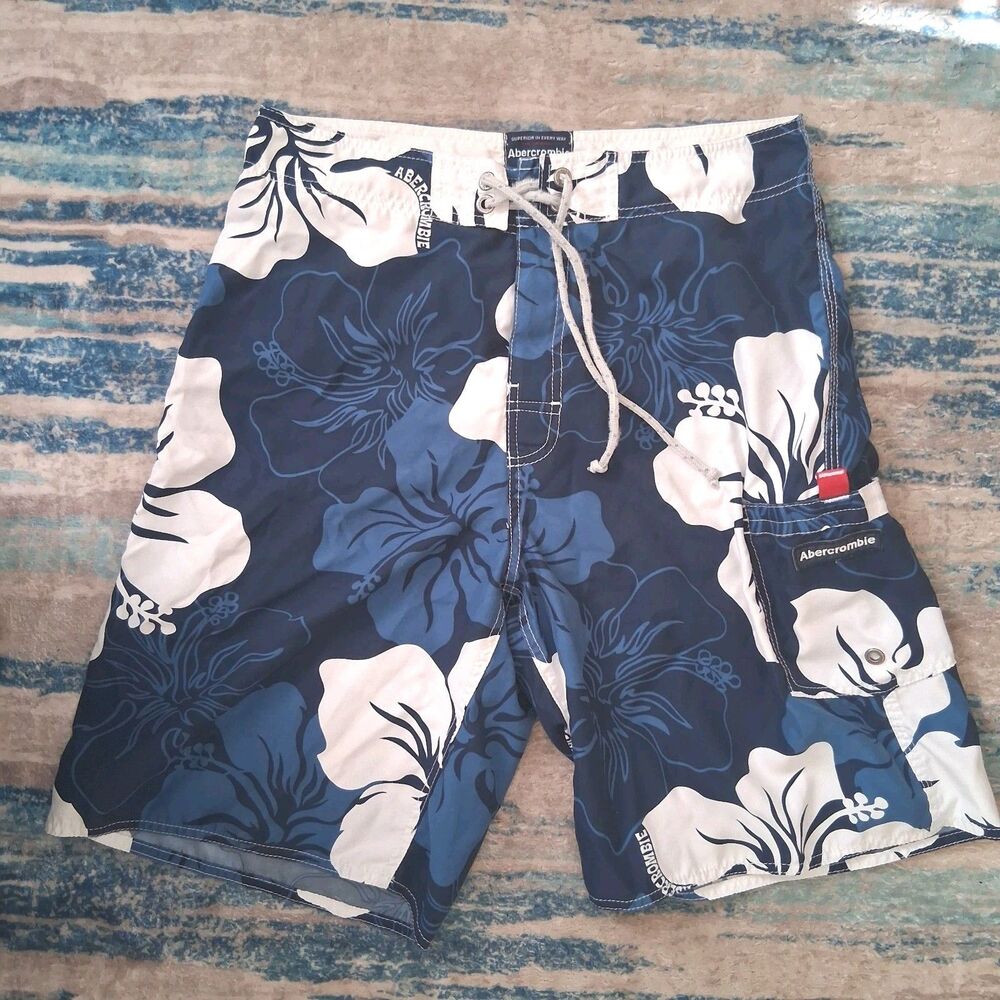 Y2K Abercrombie & Fitch Board Shorts Mens Blue 31,32 Floral Hawaiian Trunks Vtg